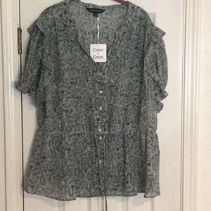 NWT DAVI & DANI Green Paisley Ruffle-Sleeve Button Blouse